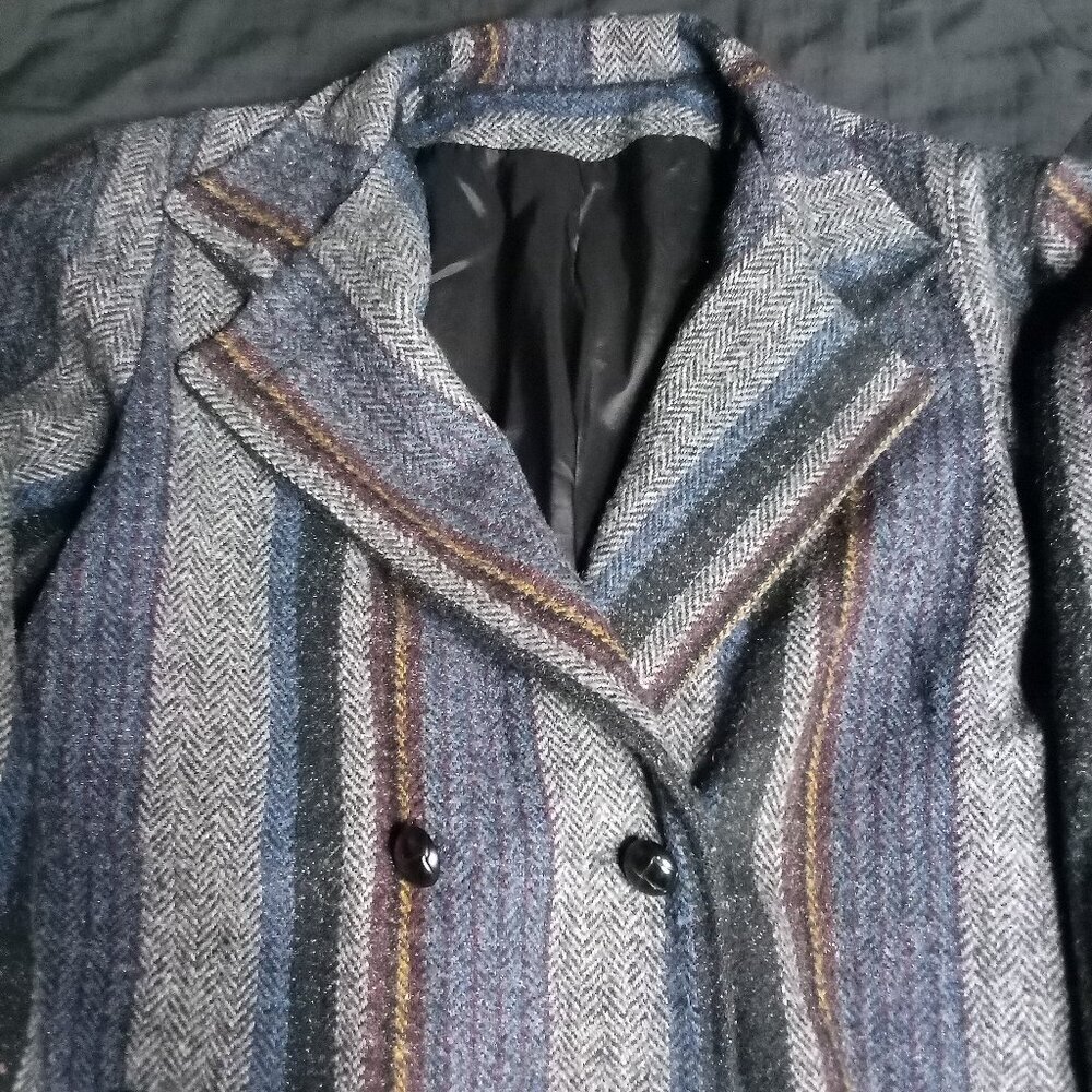 Vintage Wool Herringbone Striped Double Breast Pea Coat Jacket
